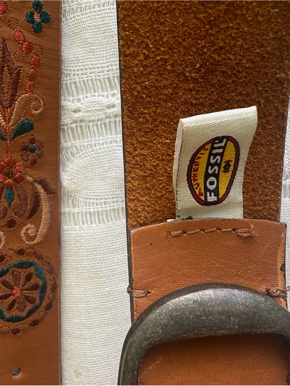 Fossil Tan Leather Women's Belt with Multicolor Floral Embroidery 90s